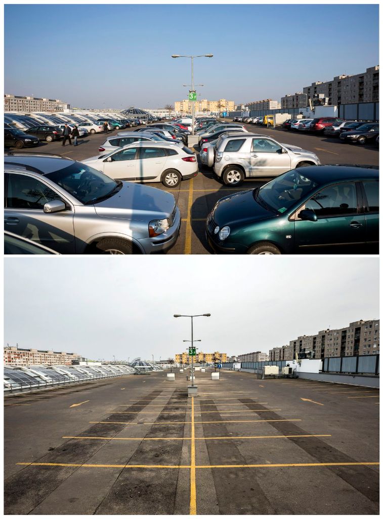 Kombókép az Árkád bevásárlóközpont tetején lévõ parkolóról az Örs Vezér terén 2015. március 21-én szombaton (felsõ kép) és 2015. március 22-én vasárnap. MTI Fotó: Mohai Balázs