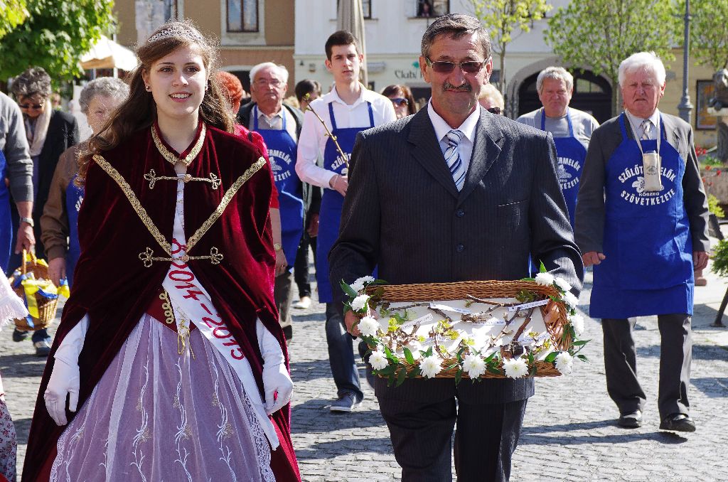 Kõszeg, 2015. április 24. Horváth Tamara borkirálynõ vezeti a menetet a szõlõhajtások bemutatásán, a Szõlõ Jövésnek Könyve ünnepségen Kõszegen, a Jurisics téren 2015. április 24-én. MTI Fotó: Büki László
