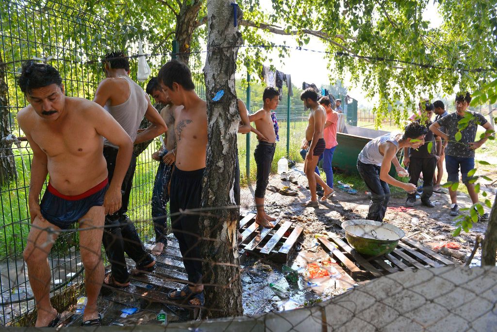 Szabadka, 2015. augusztus 14. Afgán férfiak mosakodnak a hõségben a vajdasági Szabadkán, egy régi, elhagyatott téglagyárnál 2015. augusztus 14-én. Az illegális bevándorlók itt várakoznak, mielõtt átlépik a szerb-magyar határt. MTI Fotó: Molnár Edvárd