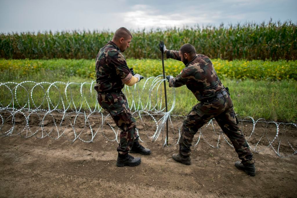 Hercegszántó, 2015. augusztus 25. Katonák a gyorstelepítésû drótakadály telepítésén dolgoznak a magyar-szerb határon, Hercegszántó közelében 2015. augusztus 25-én. MTI Fotó: Sóki Tamás