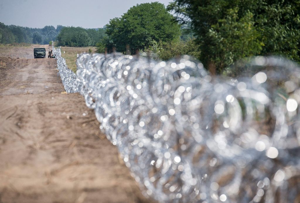 Kelebia, 2015. augusztus 7. Felszerelt szögesdrótkerítés egy szakasza az ideiglenes biztonsági határzáron Kelebia mellett 2015. augusztus 7-én. MTI Fotó: Ujvári Sándor