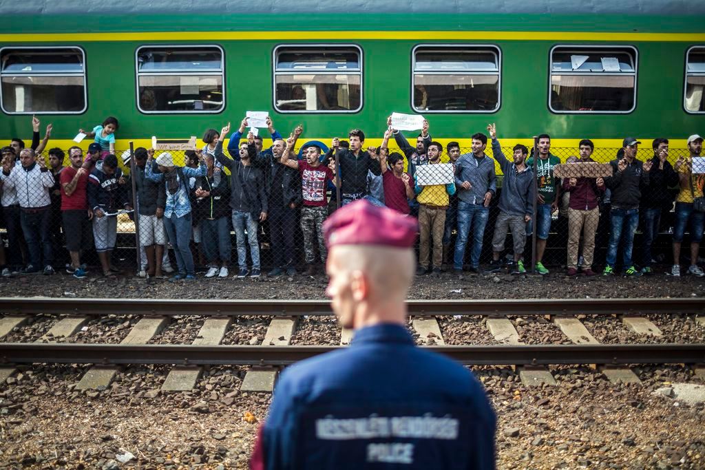 Bicske, 2015. szeptember 4. A bicskei állmáson álló vonaton éjszakázó illegális bevándorlók egy része tüntet 2015. szeptember 4-én a szerelvény mellett. A rendõrség korábban leszállította a bevándorlókat a vonatról, hogy a befogadóállomásra kísérje õket, de miután nem voltak hajlandóak elindulni a központba, késõbb visszaengedték az embereket a szerelvényekre. A szerelvényen maradt mintegy ötszáz migráns a regisztrációhoz szükséges rendõri intézkedéssel szemben továbbra is passzív ellenállást tanúsít, és nem hajlandó együttmûködni. MTI Fotó: Mohai Balázs