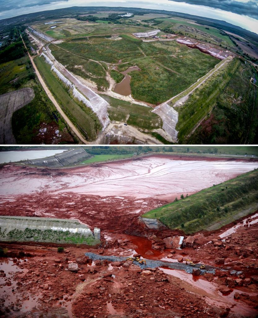 Kolontár, 2015. október 1. Kombókép az ajkai tízes számú vörösiszap-tározó öt évvel ezelõtt átszakadt gátjáról Kolontáron 2015. szeptember 30-án (felül) és két nappal a katasztrófát követõen, 2010. október 6-án. Október 4-én lesz a vörösiszap-katasztrófa ötödik évfordulója. MTI Fotó: Ruzsa István és H. Szabó Sándor