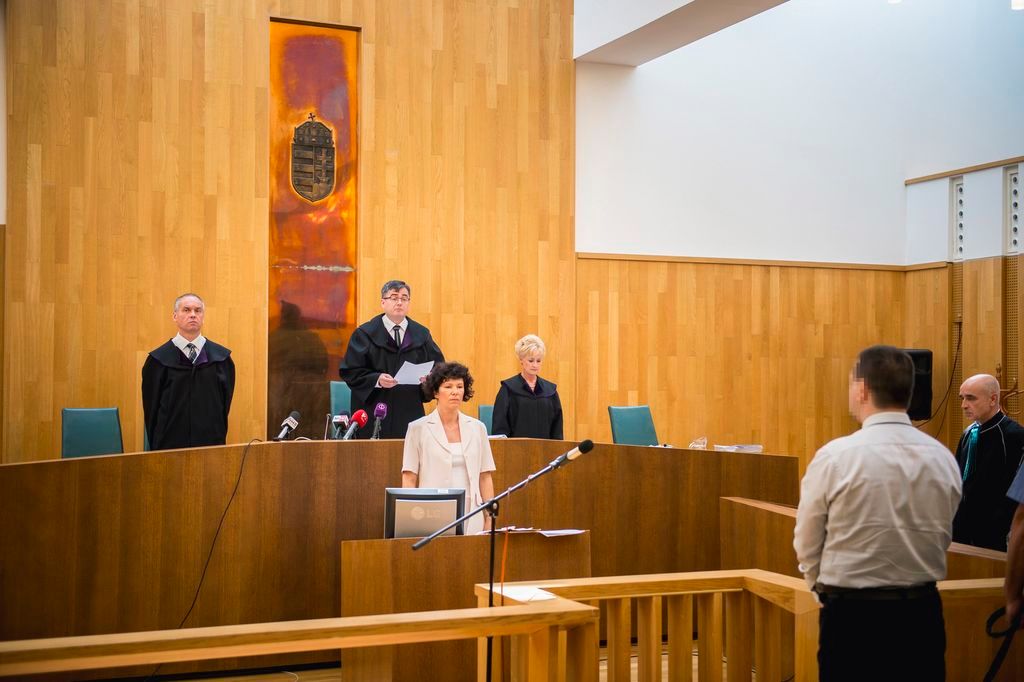 Budapest, 2016. június 22. Krémer László tanácsvezetõ bíró az ítéletet indokolja a K. S. Sz. (háttal, j) ellen szexuális erõszak bûntette miatt indított büntetõeljárás harmadfokú tárgyalására a Pécsi Ítélõtábla tárgyalótermében 2016. június 22-én. A táblabíróság jogerõsen kilenc év börtönre ítélte a férfit, aki 2014 augusztusában az Eötvös Loránd Tudományegyetem (ELTE) fonyódligeti gólyatáborában megerõszakolt egy lányt. MTI Fotó: Sóki Tamás